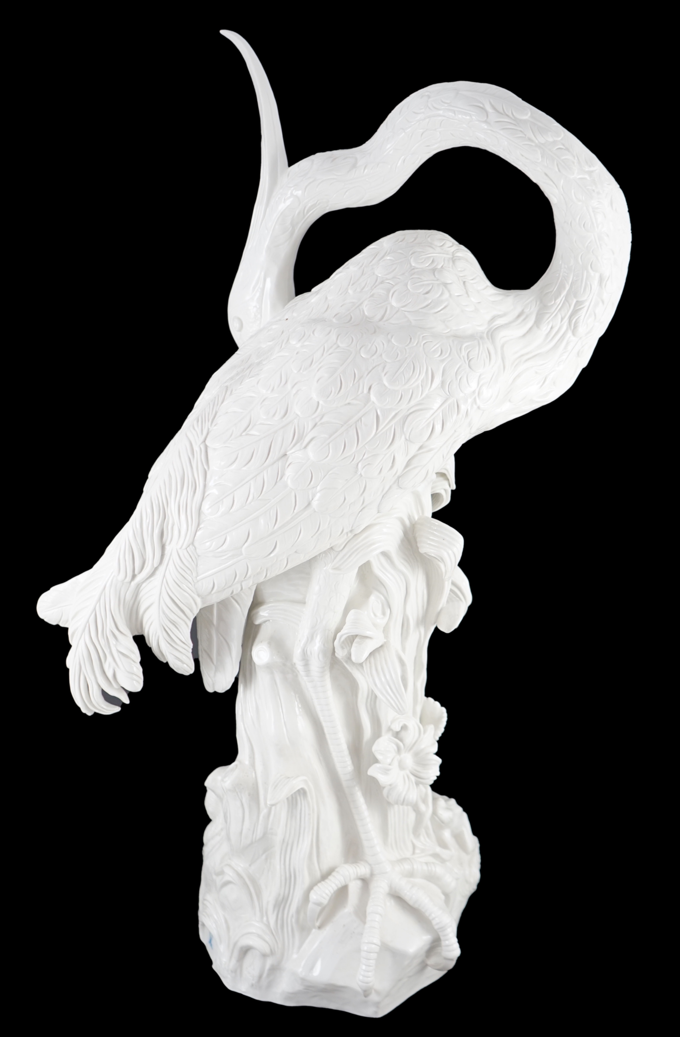 An impressive Meissen white glazed porcelain life size model of a heron, 20th century, after J. J. Kändler, 76.5cm high